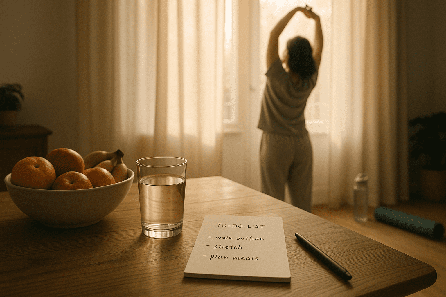 A peaceful morning scene with a person stretching near a window, surrounded by wellness items like water, fruit, and a to-do list promoting small healthy habits.