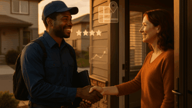 Home Services Marketing Requires More Than Ads and Automation Today 56 Home services technician interacting with homeowner, with digital marketing icons subtly overlayed in the background, representing the fusion of personalized service and modern digital strategies.