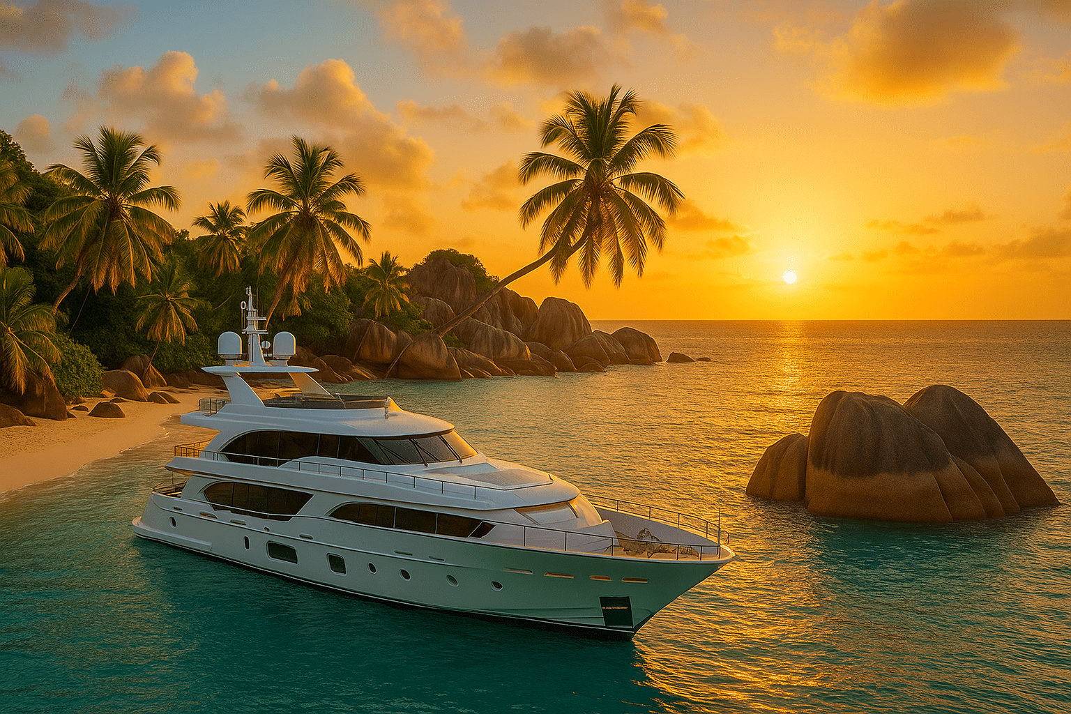 Seychelles Yacht Charter Guide for Honeymooners & Romantic Getaways 2025 5 Luxurious private yacht moored near a remote Seychelles island at sunset, with dramatic granite formations and palm-fringed beaches enhancing the romantic charter vibe.