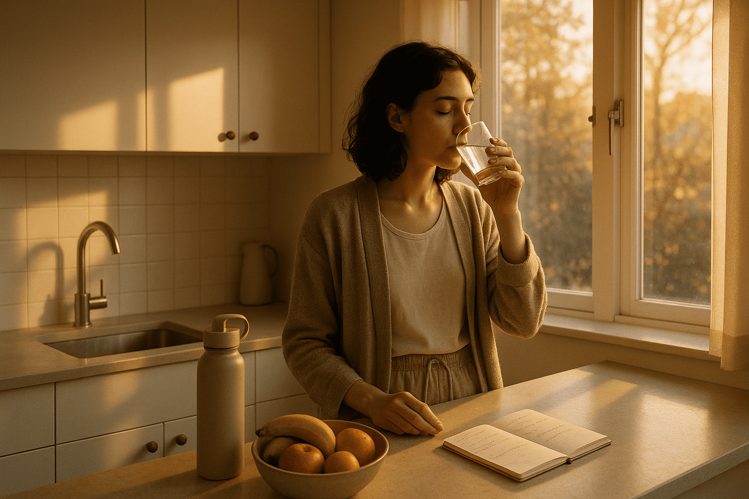 A person drinking water in a sunlit kitchen as part of a simple morning wellness routine, promoting hydration and healthy living habits.