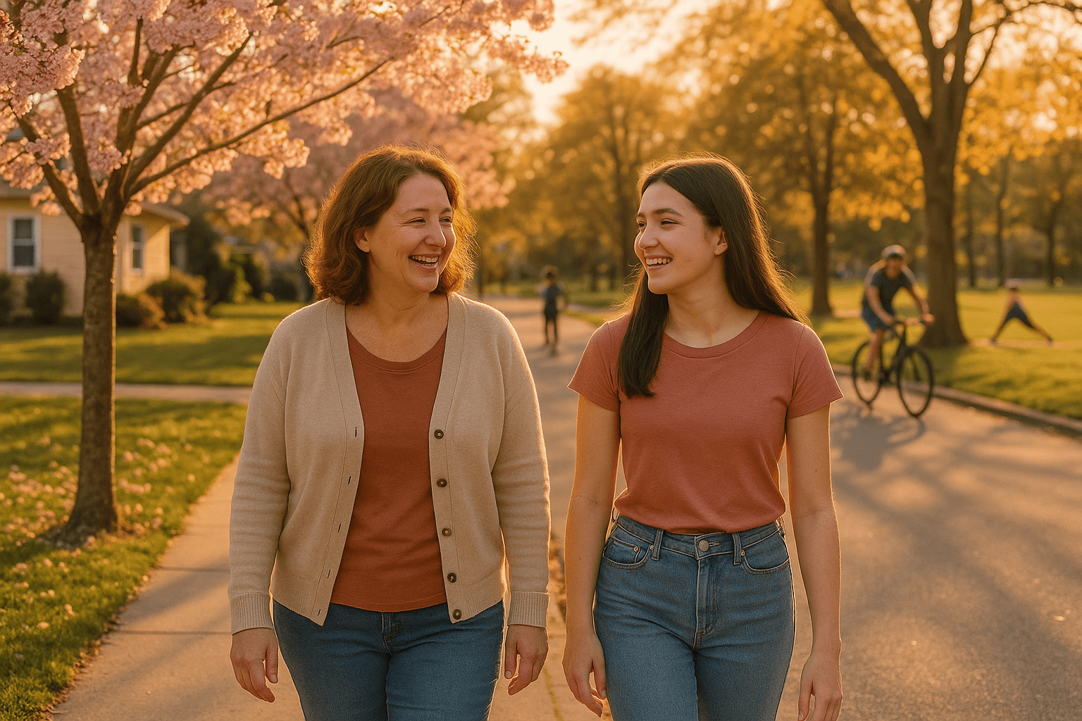 A mother and daughter walking outdoors during golden hour, highlighting the wellness benefits of light movement and fresh air.