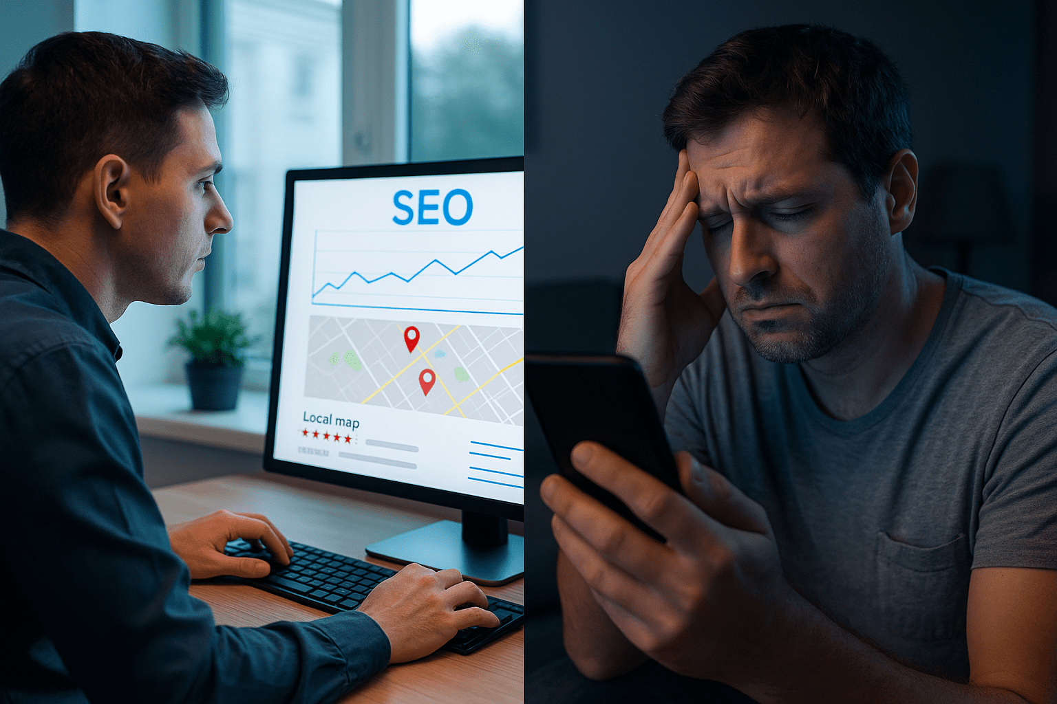 Split-screen image contrasting local SEO strategy analysis with a homeowner bypassing paid ads on their phone, highlighting the value of organic visibility in home services marketing.