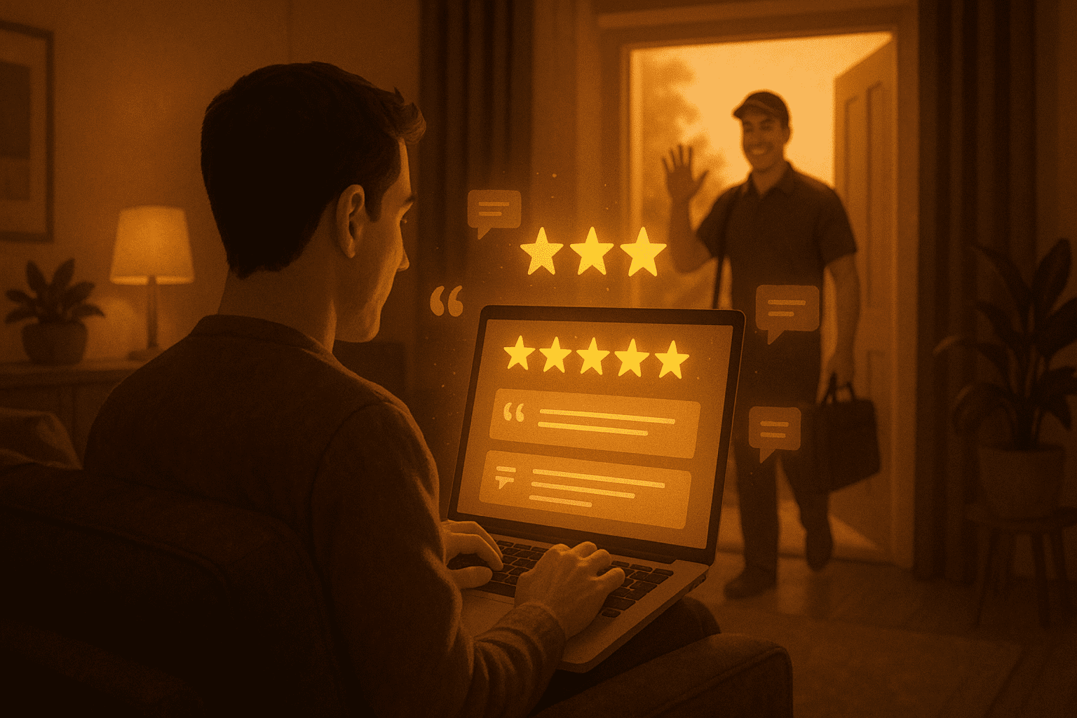 Homeowner reading positive online reviews after a home service visit, with the technician leaving in the background, symbolizing the impact of reputation and digital relationships.