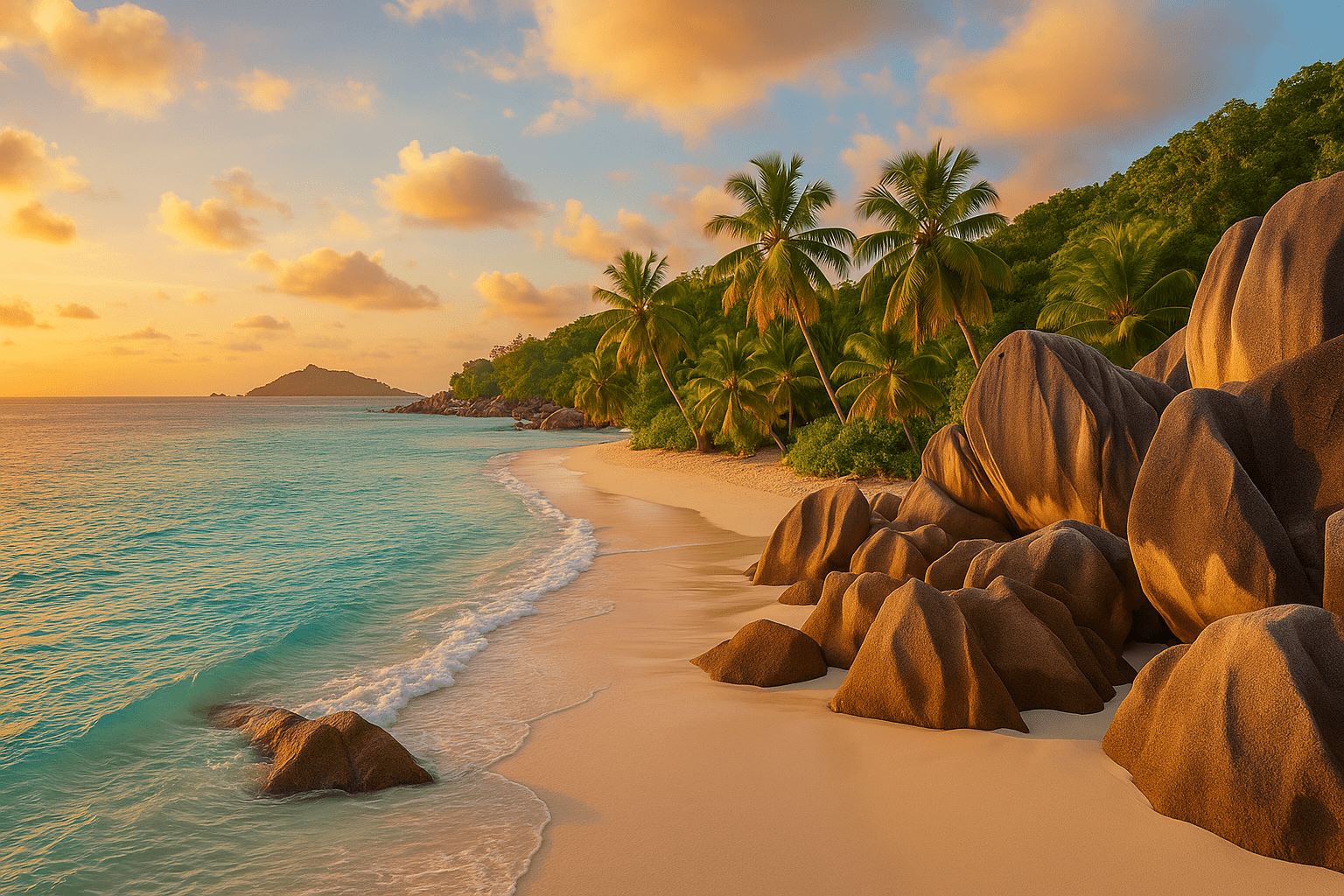 Seychelles Yacht Charter Guide for Honeymooners & Romantic Getaways 2025 2 Sunset over a secluded Seychelles beach with granite boulders, swaying palm trees, and turquoise waters, embodying the perfect setting for a romantic yacht charter.