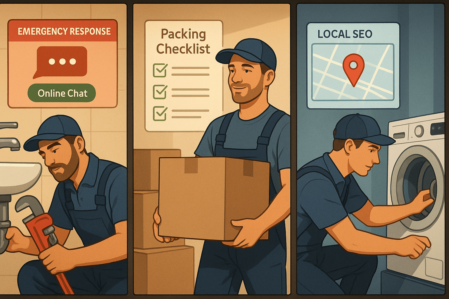 Collage showcasing specialized digital marketing strategies for different home services, including plumbing, moving, and appliance repair, emphasizing the need for tailored outreach.