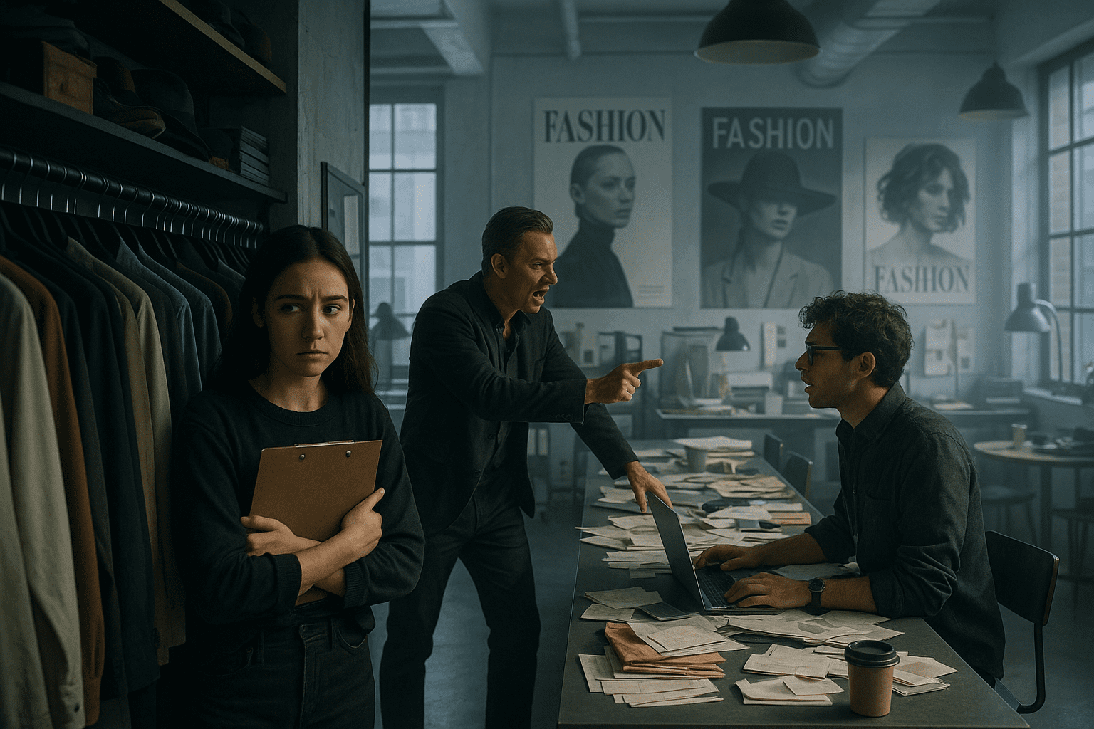 Fashion Agencies and Reputation at Work 2 A tense fashion agency studio where a stressed intern hides near a prop closet, highlighting toxic workplace culture in fashion agencies.