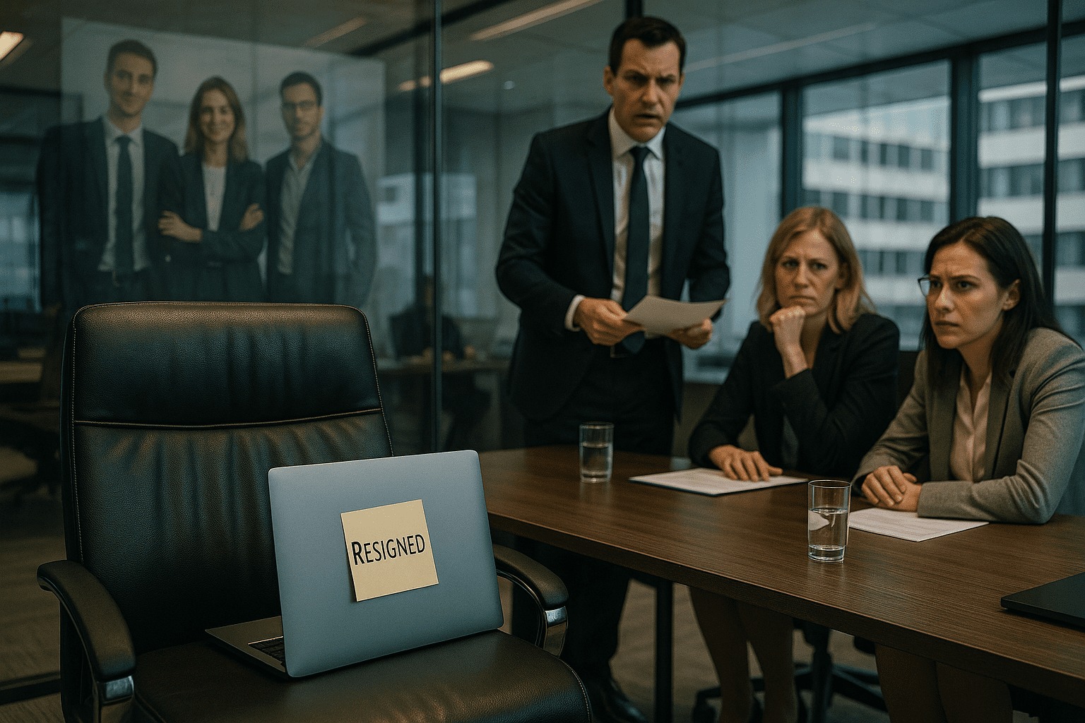 Fashion Agencies and Reputation at Work 3 A fashion agency team pitching to clients in a boardroom with one empty chair symbolizing employee turnover in creative industries.