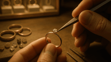 Brilliant Earth Elevates Jewelry Through Unmatched Craftsmanship and Lasting Quality 19 Jeweler hand-setting a diamond in a recycled gold ring, surrounded by raw gemstones and tools, symbolizing Brilliant Earth’s ethical craftsmanship.
