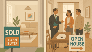 Do Cash Buyers Offer Fair Market Value? 31 Side-by-side comparison of a home sold to a cash buyer versus traditional sale with realtor and buyers, symbolizing the choice homeowners face when selling.