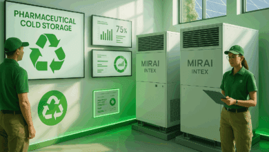 Futuristic industrial cooling unit by Mirai Intex operating in a clean, modern biotech facility with blue ambient lighting, symbolizing advanced air-cycle technology and zero-emissions performance.