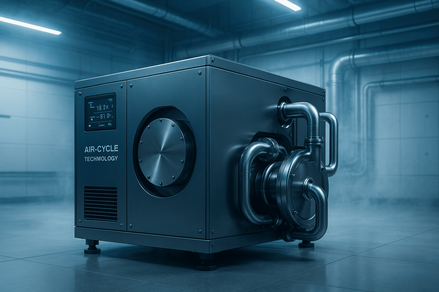 How Mirai Intex Is Redefining Ultra-Low Temperature Cooling Without HFCs 2 Mirai Intex units seamlessly integrated, surrounded by recycling symbols, data dashboards, and green LEDs—representing clean cooling in a circular economy.