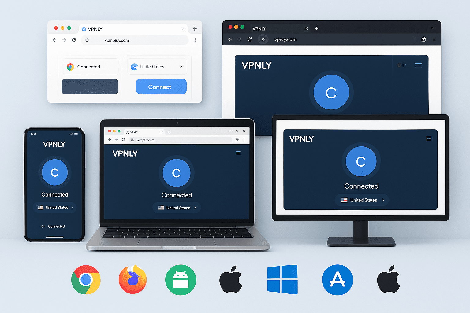 VPNLY: The 100% Free, No Sign-Up VPN That People Actually Trust 4 Multiple devices including phones, laptops, and browsers running VPNLY, showcasing seamless cross-platform compatibility in 2025.