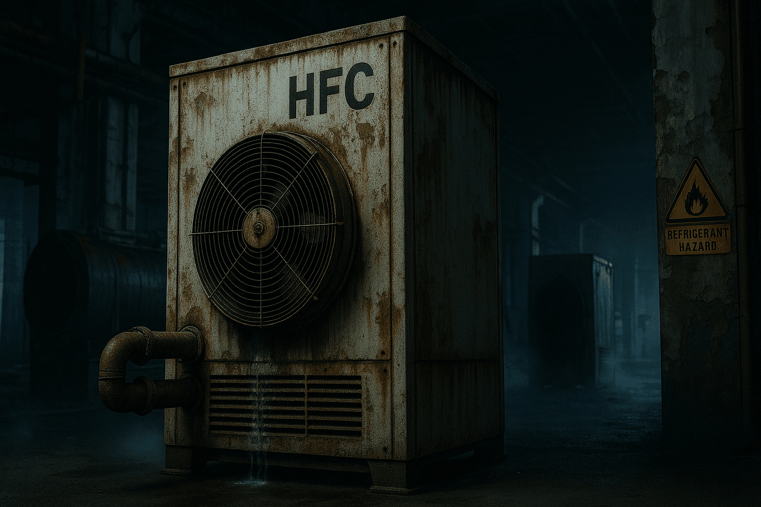How Mirai Intex Is Redefining Ultra-Low Temperature Cooling Without HFCs 3 Old HFC-based cooling machinery rusting in an outdated facility contrasted with dim industrial lighting and foggy air, representing the environmental decline and inefficiencies of legacy refrigerants.