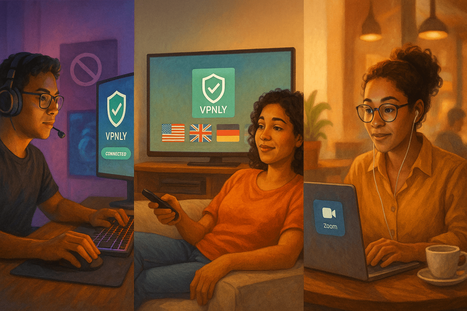 VPNLY: The 100% Free, No Sign-Up VPN That People Actually Trust 5 Illustrated use cases of VPNLY in 2025, showing secure gaming, HD streaming, and remote work protection in public Wi-Fi environments.