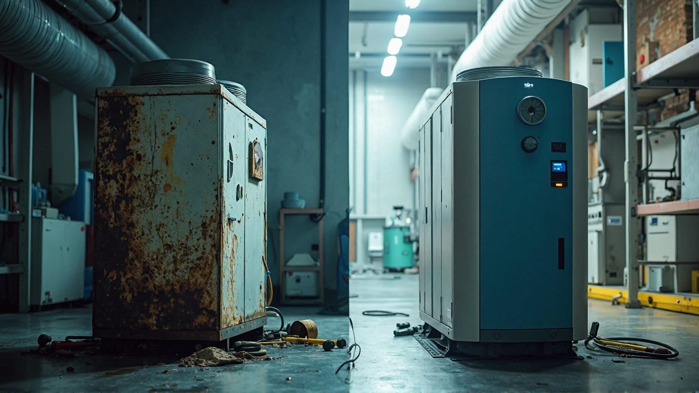 How Mirai Intex Is Redefining Ultra-Low Temperature Cooling Without HFCs 6 Split-screen image of a smoky, high-maintenance HFC system versus a clean, minimalistic Mirai Intex air-cycle unit, with infographic overlays showing differences in GWP, maintenance, and reliability.