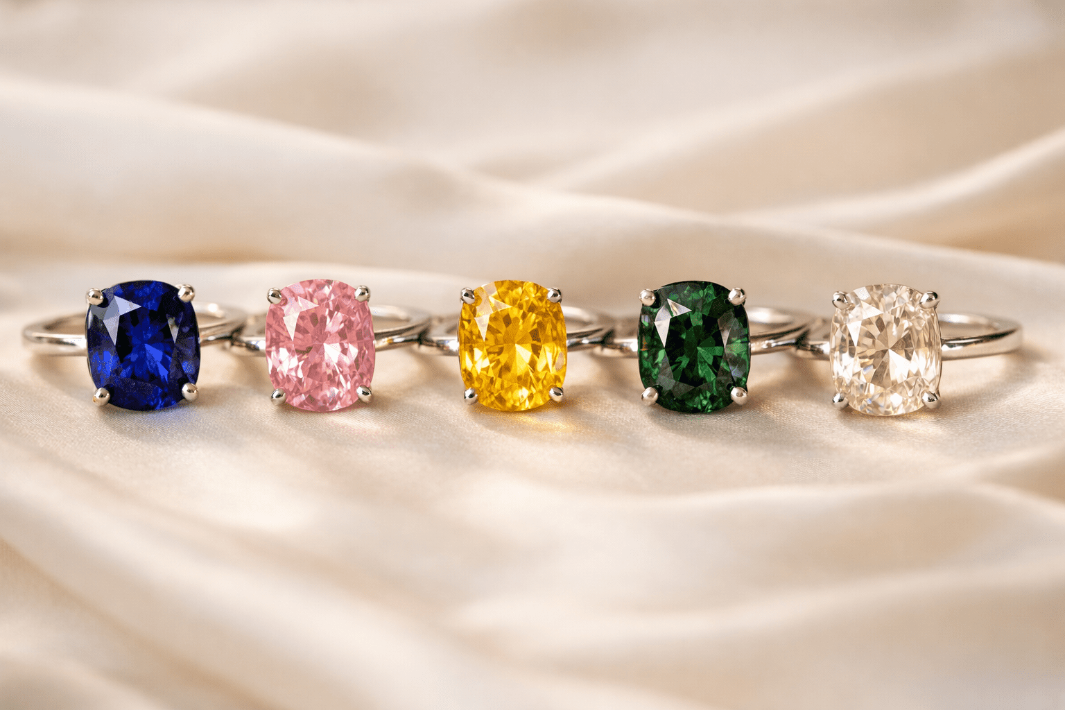 Close-up of sapphire engagement rings in blue, pink, yellow, and green tones, illustrating the colour spectrum available in sapphire engagement rings.
