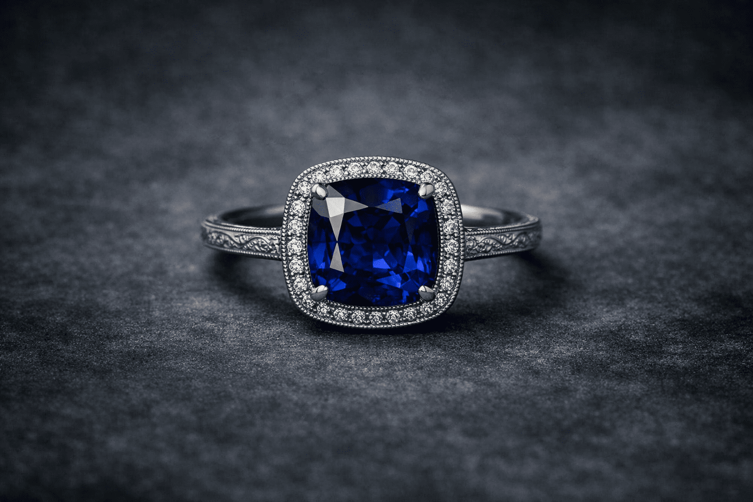 Deep blue sapphire engagement ring blending vintage inspiration with modern clean lines, reflecting heritage and contemporary design.