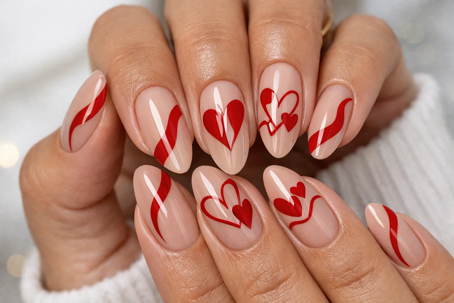 Best Romantic Valentine’s Day Nail Designs: Trendy Ideas for 2026 6 Nude Red Abstract Hearts Best Romantic Valentine’s Day Nail Designs: Trendy Ideas for 2026 - 6 Best Romantic Valentine’s Day Nail Designs