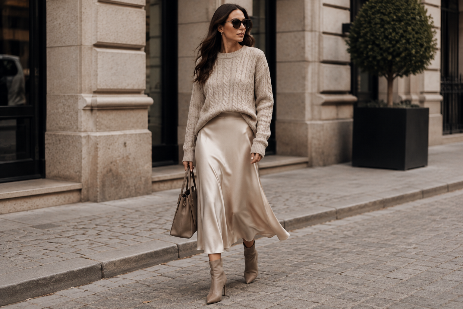 Cable Knit Sweater with Satin Midi Skirt and Ankle Boots 7 Casual Winter Outfits for Elegant Ladies in 2027 - 10