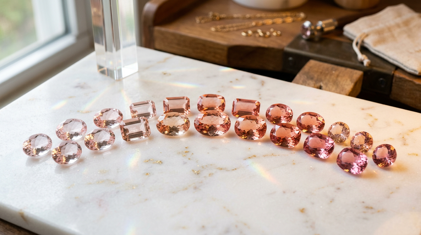 macro jewelry display showing multiple loose The Four Decisions Behind a Morganite Engagement Ring - 2 morganite engagement ring,pink morganite engagement ring,rose gold morganite engagement ring