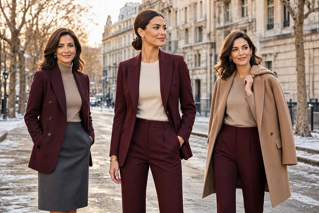 14 Elegant Winter Outfit Ideas for Business Women 11 Burgundy Suit with a Neutral Knit Top 14 Elegant Winter Outfit Ideas for Business Women - 11