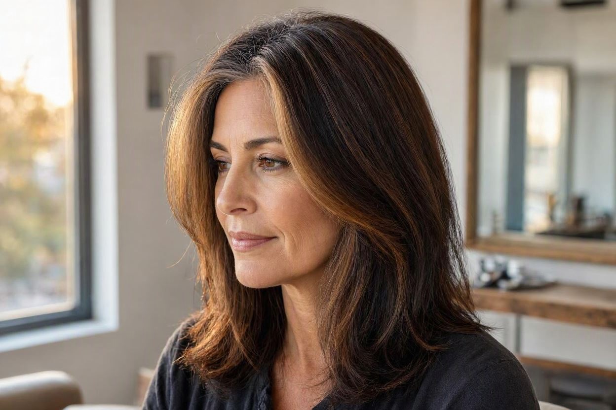 10 Hottest Hair Color Trends to Cover Gray Hair 7 Chocolate Brown With Caramel Highlight 10 Hottest Hair Color Trends to Cover Gray Hair - 7