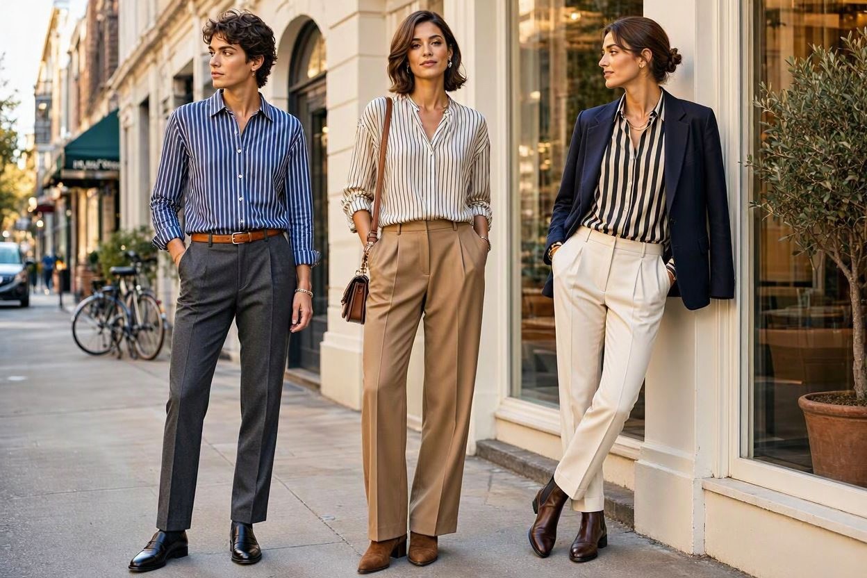 10 Elegant Striped Outfit Ideas and Ways to Wear Stripes 3 Classic Striped Shirt with Tailored Trousers 10 Elegant Striped Outfit Ideas and Ways to Wear Stripes - 3
