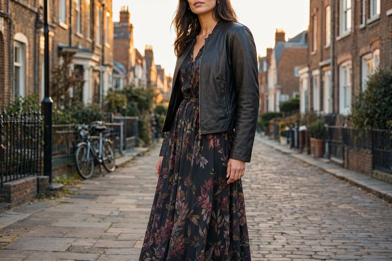 15 Breathtaking Floral Outfit Ideas for All Seasons 9 Dark Floral Dress with a Leather Jacket 15 Breathtaking Floral Outfit Ideas for All Seasons - 9