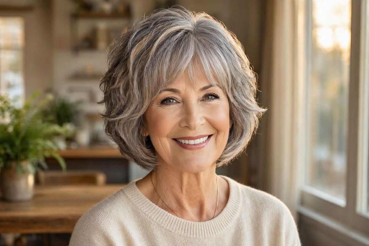 Feathered Gray Bob for a Soft Feminine Look 15 Beautiful Gray Hairstyles that Suit All Women Over 50 - 8
