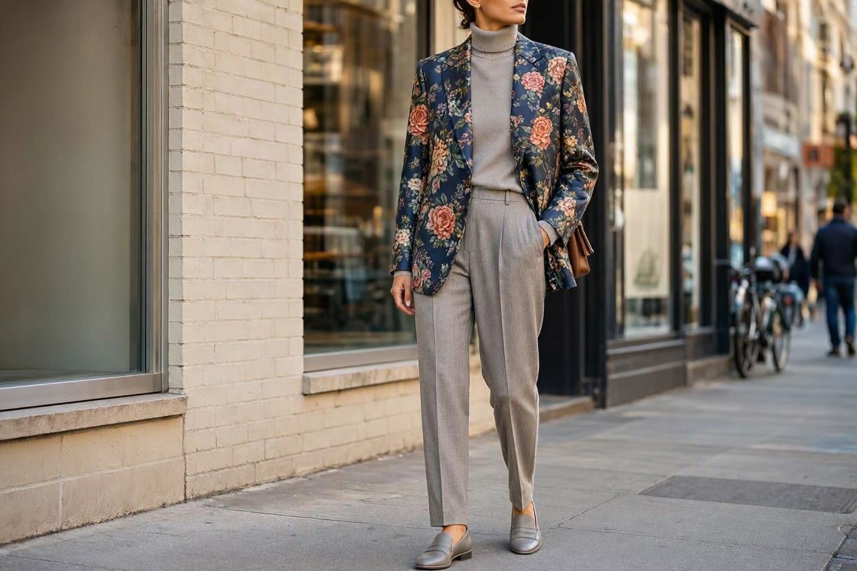 15 Breathtaking Floral Outfit Ideas for All Seasons 7 Floral Blazer with a Monochromatic Outfit 15 Breathtaking Floral Outfit Ideas for All Seasons - 7