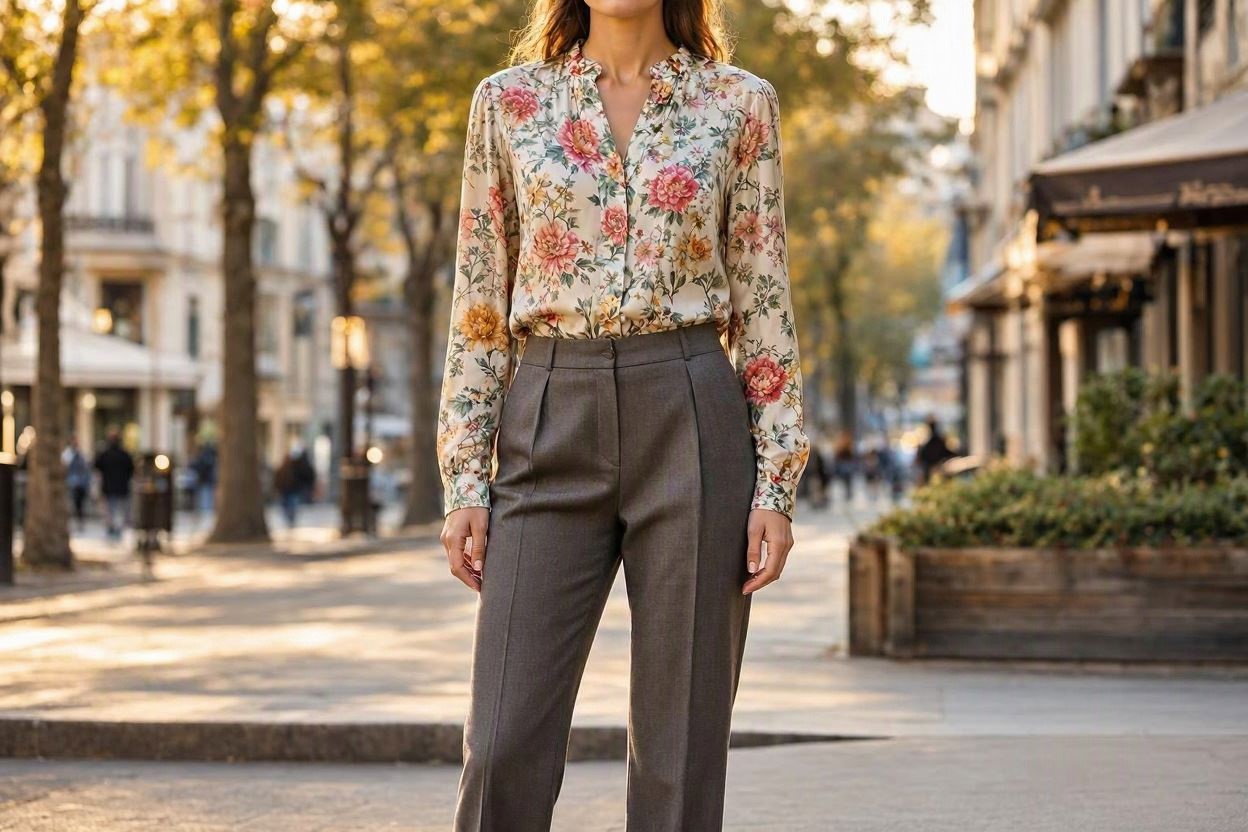 15 Breathtaking Floral Outfit Ideas for All Seasons 5 Floral Blouse with Tailored Trousers 15 Breathtaking Floral Outfit Ideas for All Seasons - 5