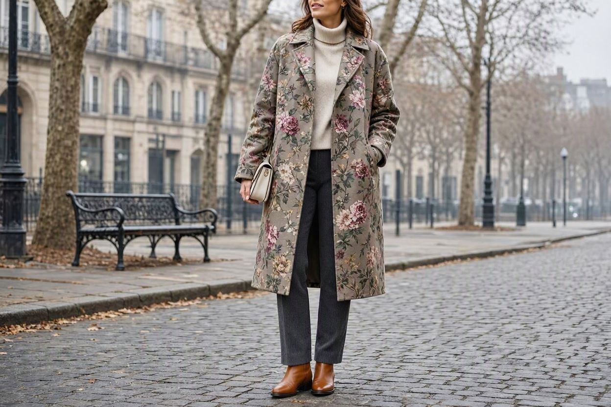 15 Breathtaking Floral Outfit Ideas for All Seasons 14 Floral Coat with Neutral Winter Basics 15 Breathtaking Floral Outfit Ideas for All Seasons - 14