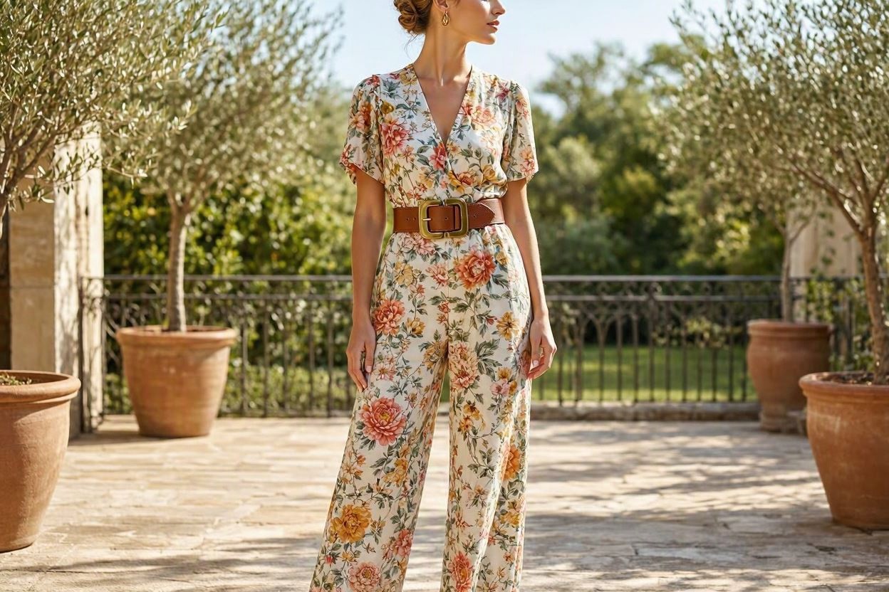 15 Breathtaking Floral Outfit Ideas for All Seasons 11 Floral Jumpsuit with a Statement Belt 15 Breathtaking Floral Outfit Ideas for All Seasons - 11