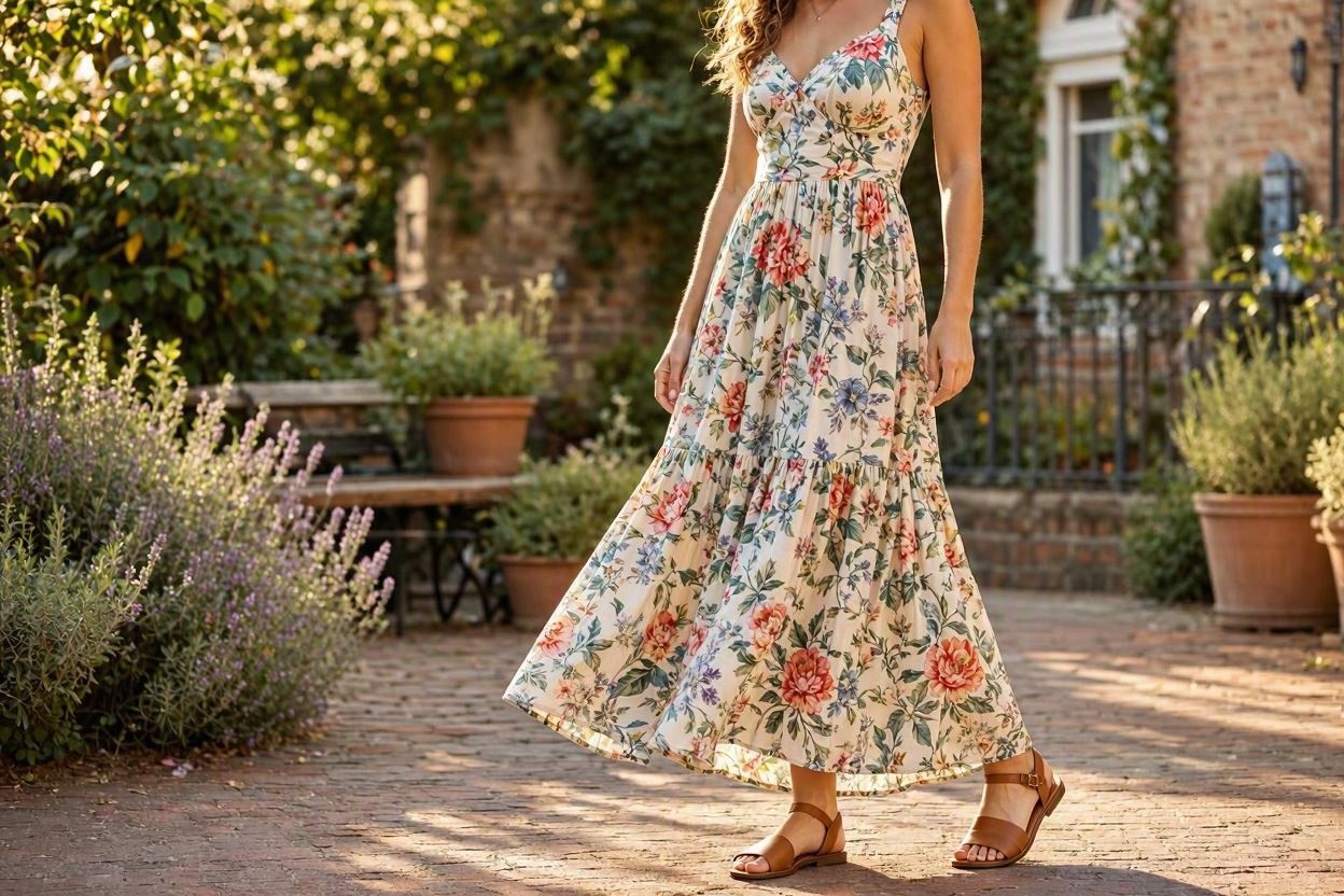 15 Breathtaking Floral Outfit Ideas for All Seasons 4 Floral Maxi Dress with Sandals 15 Breathtaking Floral Outfit Ideas for All Seasons - 4