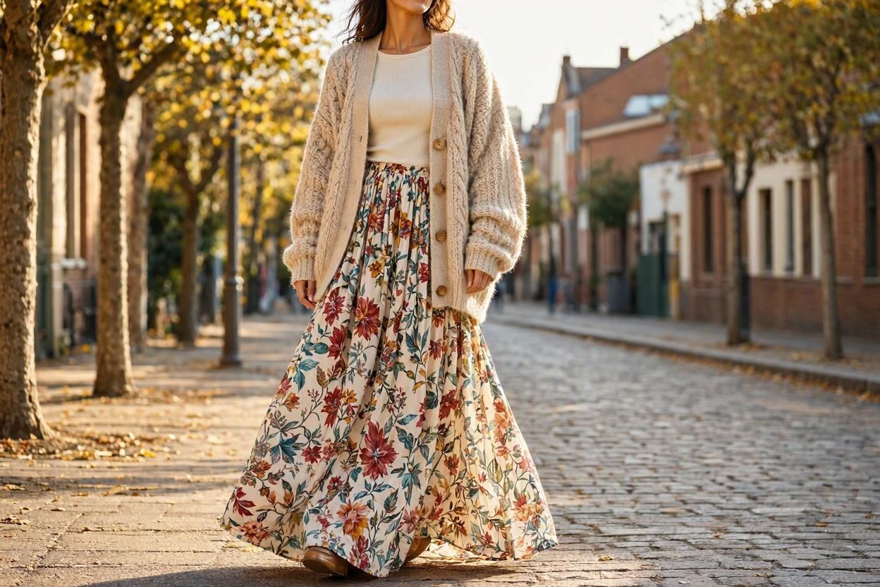 15 Breathtaking Floral Outfit Ideas for All Seasons 16 Floral Maxi Skirt with a Chunky Cardigan 15 Breathtaking Floral Outfit Ideas for All Seasons - 16