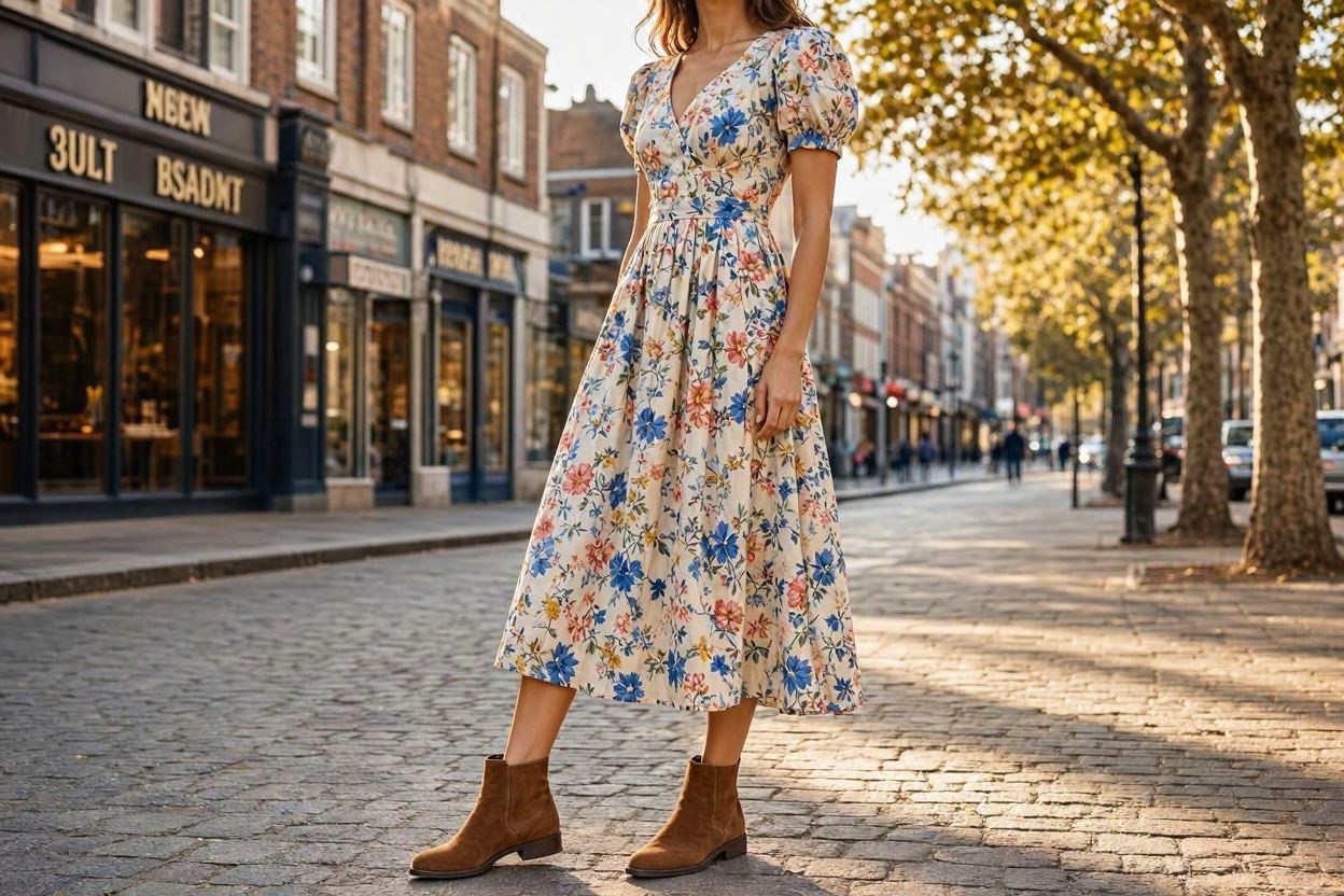 15 Breathtaking Floral Outfit Ideas for All Seasons 3 Floral Midi Dress with Ankle Boots 15 Breathtaking Floral Outfit Ideas for All Seasons - 3