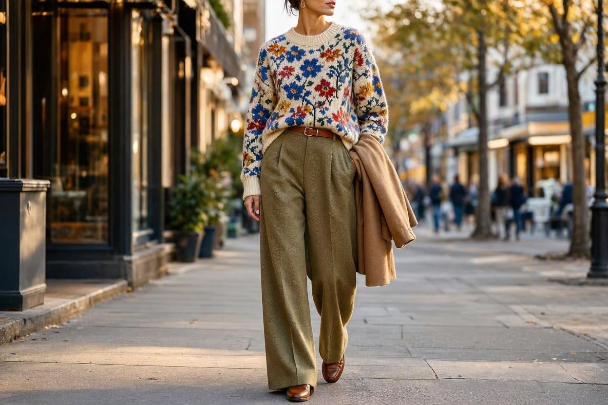 15 Breathtaking Floral Outfit Ideas for All Seasons 13 Floral Sweater with Wide Leg Trousers 15 Breathtaking Floral Outfit Ideas for All Seasons - 13