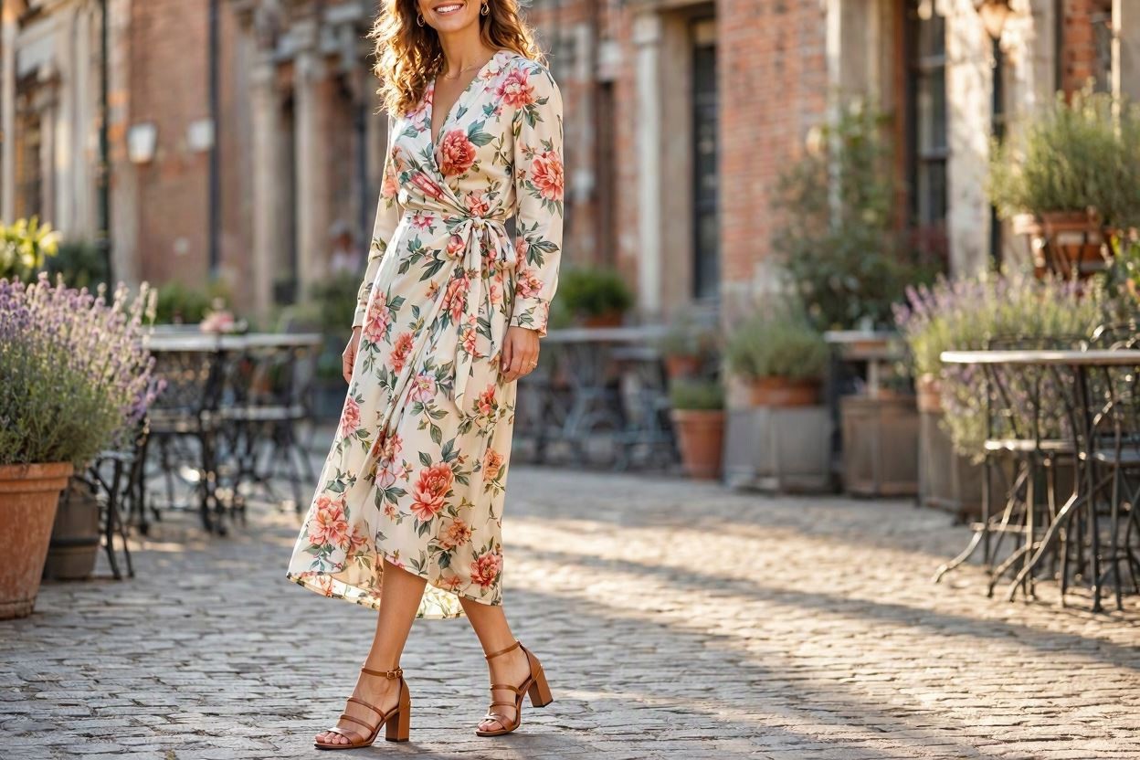 15 Breathtaking Floral Outfit Ideas for All Seasons 8 Floral Wrap Dress with Heeled Sandals 15 Breathtaking Floral Outfit Ideas for All Seasons - 8