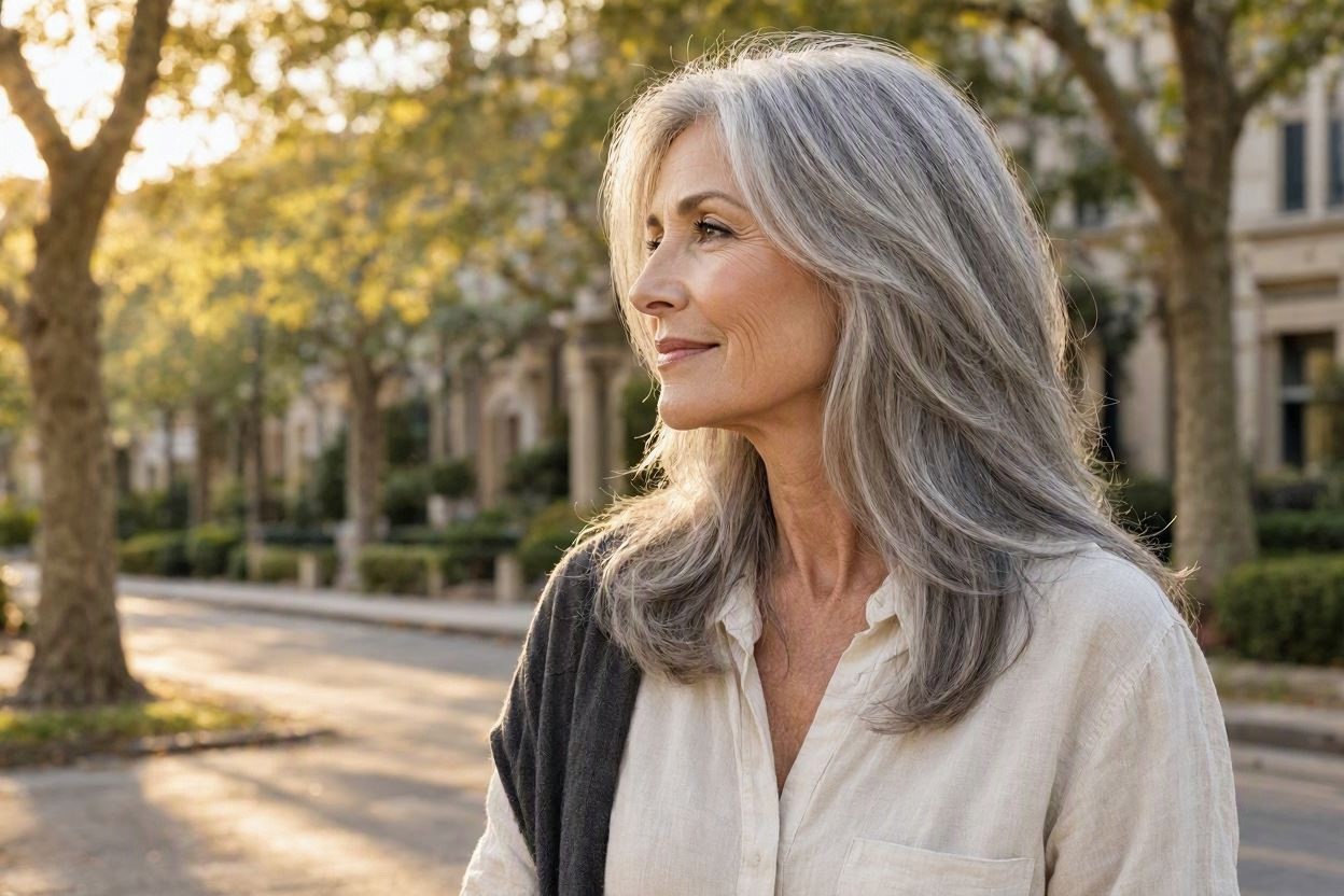 Long Gray Hair With Wispy Layers 15 Beautiful Gray Hairstyles that Suit All Women Over 50 - 15