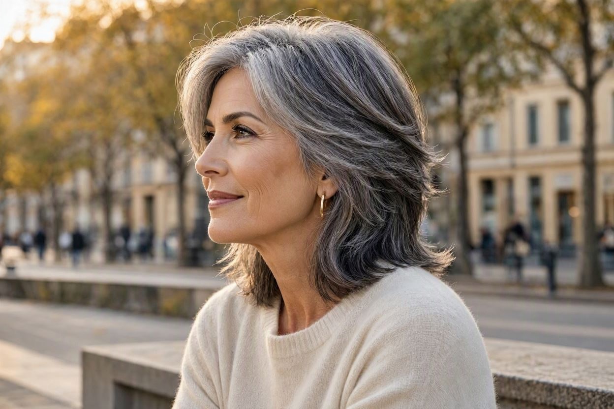 Salt and Pepper Layered Hairstyle 15 Beautiful Gray Hairstyles that Suit All Women Over 50 - 9