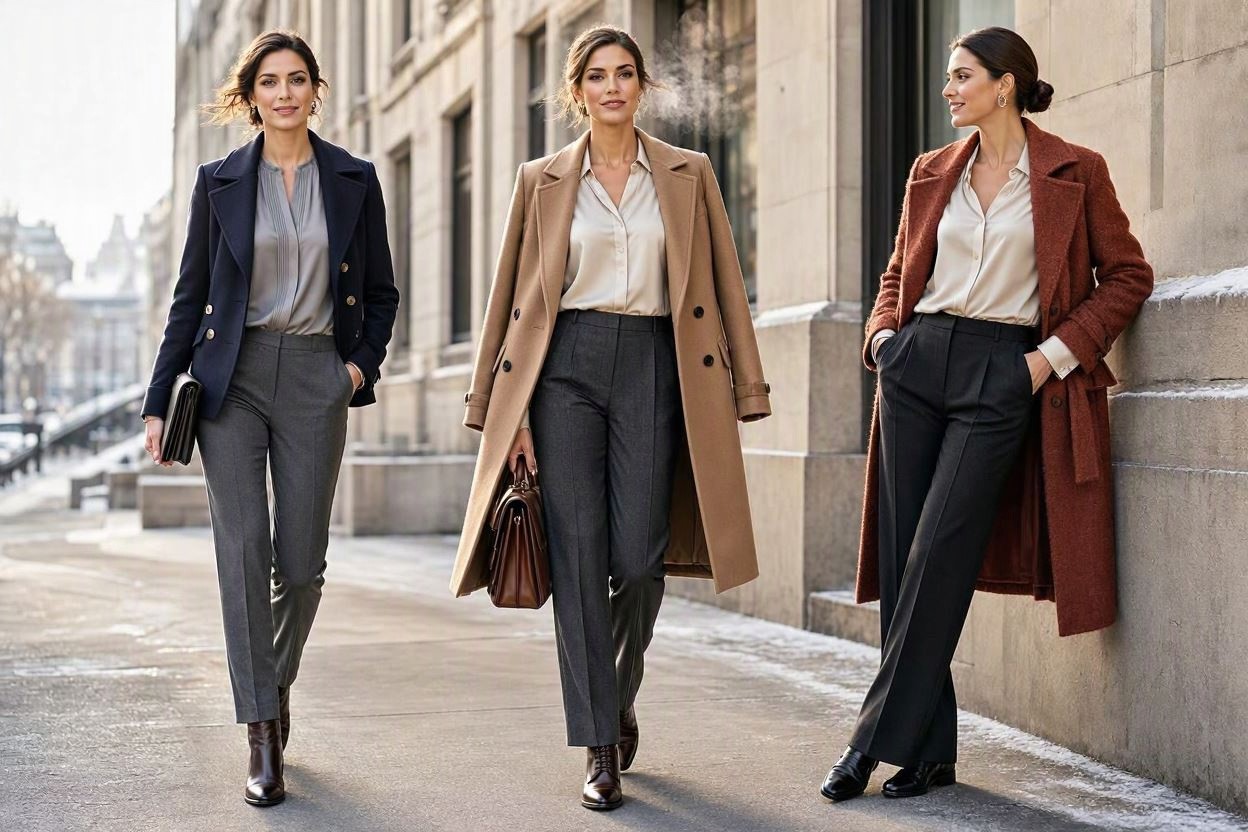 14 Elegant Winter Outfit Ideas for Business Women 15 Silk Blouse with Wool Trousers and a Statement Coat 14 Elegant Winter Outfit Ideas for Business Women - 15
