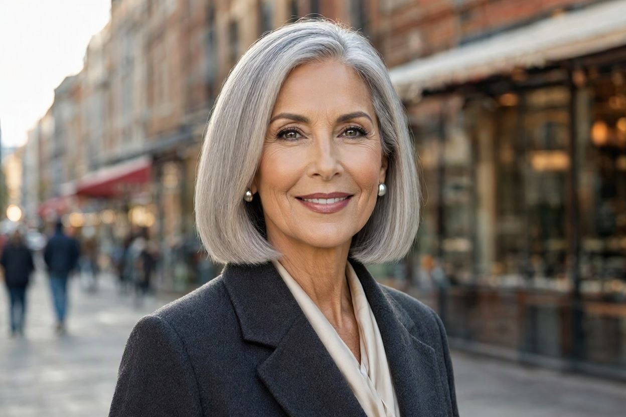 Sleek Silver Blunt Bob 15 Beautiful Gray Hairstyles that Suit All Women Over 50 - 14