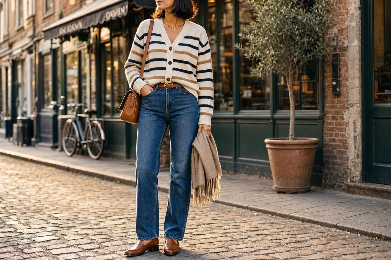 10 Elegant Striped Outfit Ideas and Ways to Wear Stripes 9 Striped Cardigan with Straight Leg Jeans 10 Elegant Striped Outfit Ideas and Ways to Wear Stripes - 9