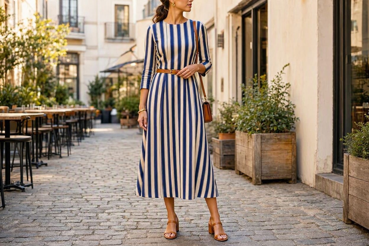 10 Elegant Striped Outfit Ideas and Ways to Wear Stripes 4 Striped Midi Dress with Minimal Accessories 10 Elegant Striped Outfit Ideas and Ways to Wear Stripes - 4