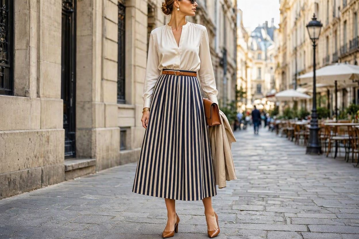 10 Elegant Striped Outfit Ideas and Ways to Wear Stripes 7 Striped Midi Skirt with a Fitted Blouse 10 Elegant Striped Outfit Ideas and Ways to Wear Stripes - 7
