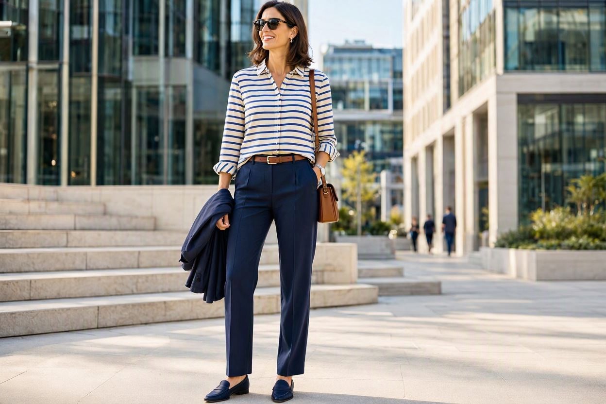 15 Stylish Work Outfit Ideas for Spring & Summer 8 Striped Shirt with Navy Trousers 15 Stylish Work Outfit Ideas for Spring & Summer - 8