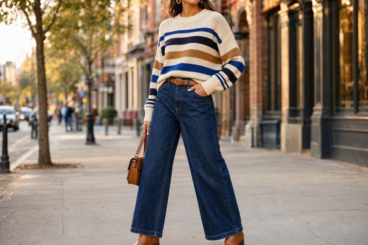 10 Elegant Striped Outfit Ideas and Ways to Wear Stripes 6 Striped Sweater with Wide Leg Jeans 10 Elegant Striped Outfit Ideas and Ways to Wear Stripes - 6