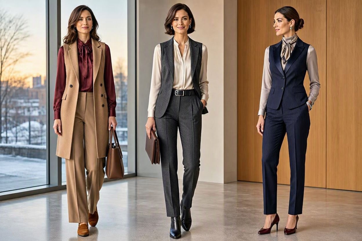 14 Elegant Winter Outfit Ideas for Business Women 10 Tailored Vest with Trousers and a Blouse 14 Elegant Winter Outfit Ideas for Business Women - 10