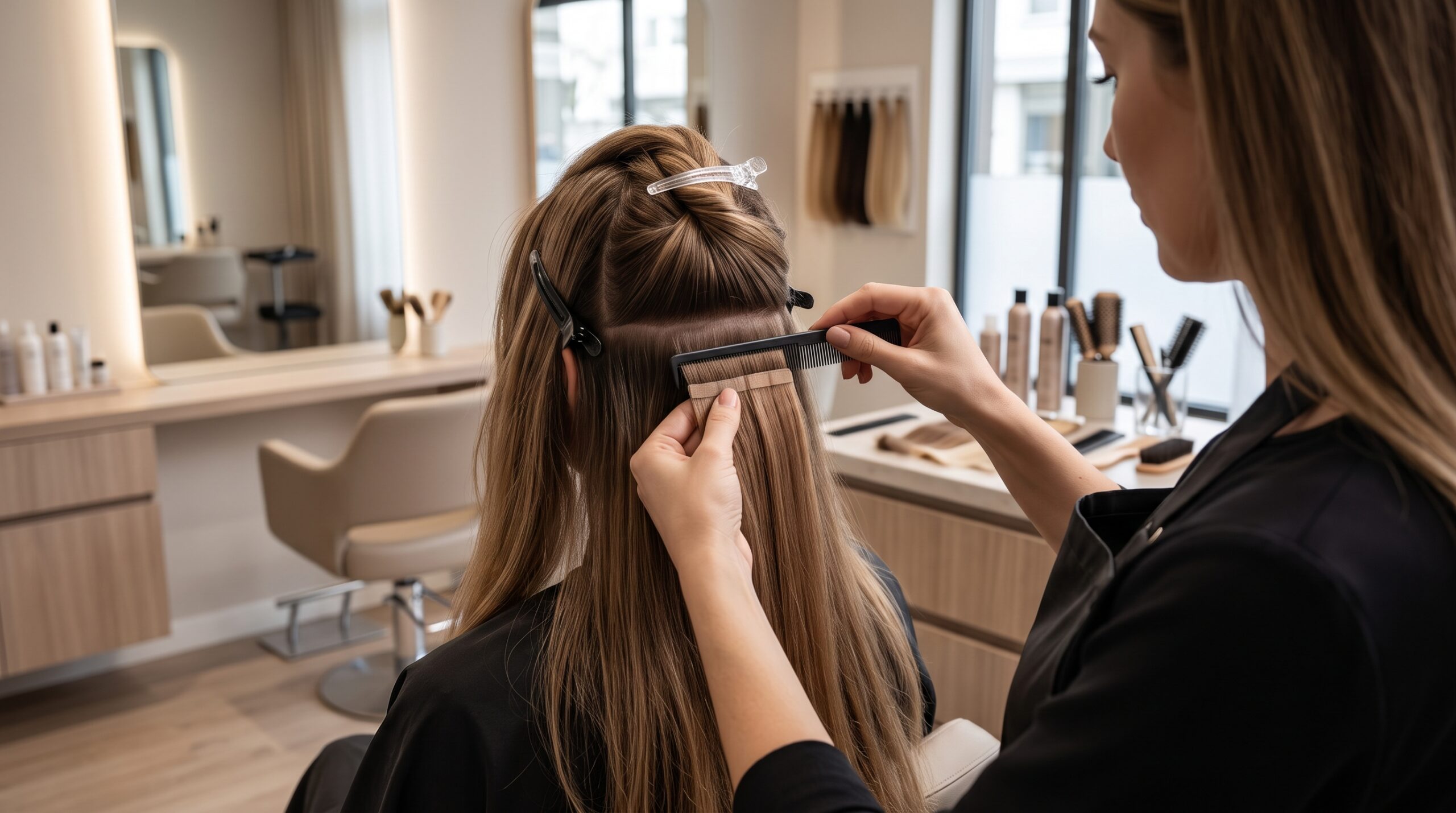 Essential Tape Hair Extensions Tips for a Natural Look and Easy Care 5 Tape In Application — From Sectioning to Secure Attachment scaled Essential Tape Hair Extensions Tips for a Natural Look and Easy Care - 5
