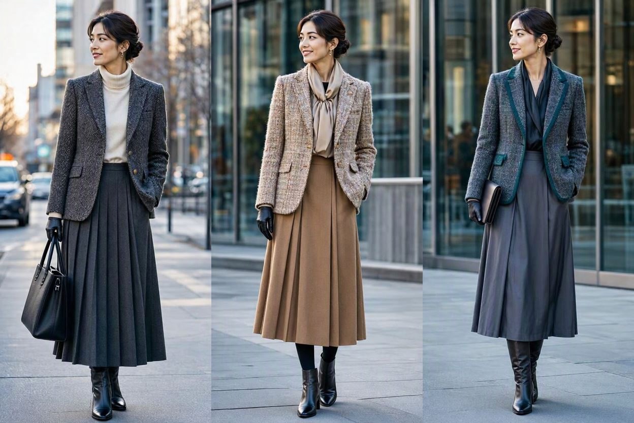 14 Elegant Winter Outfit Ideas for Business Women 7 Tweed Blazer with a Pleated Midi Skirt 14 Elegant Winter Outfit Ideas for Business Women - 7